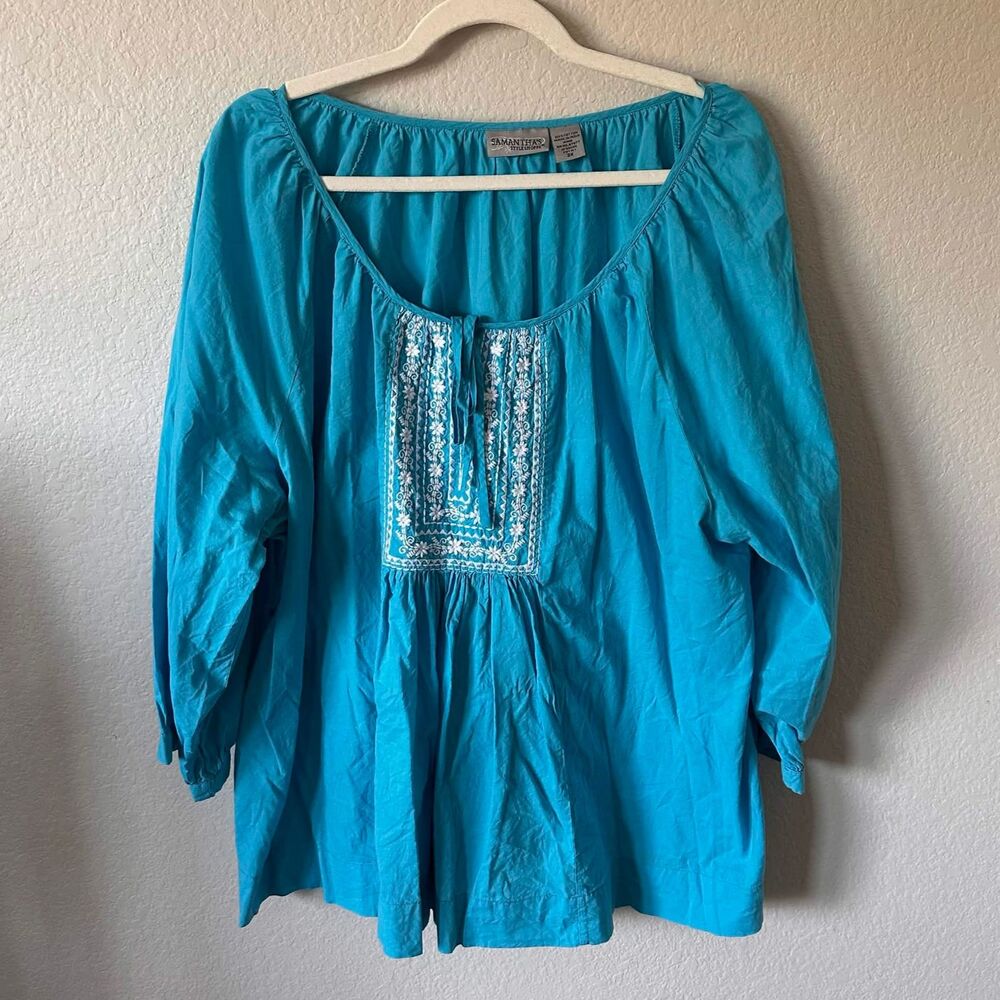 Samantha’s Style Shoppe Turquoise Embroidered Boho Blouse Size 3X Coastal Beach